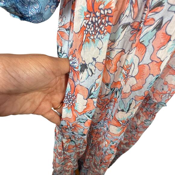 Poupette St Barth Floral Boho Midi Dress | Blue Orange Print | Size XS - Picture 5 of 14